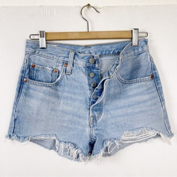 Levis 501 premium big E High Waisted raw hem Shorts 100% cotton faded 26 - Picture 4 of 11